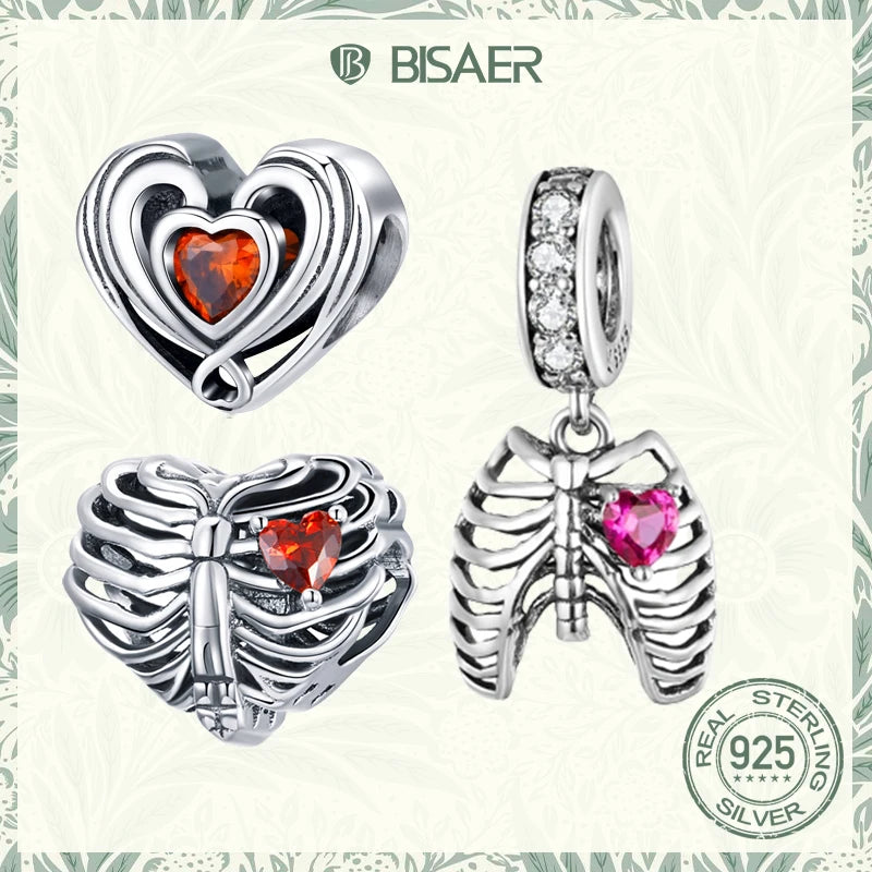 BISAER 925 Sterling Silver Love Oath Of Ribs Dangle Pendant Love Skeleton Charms Plata De Ley Sterling Silver Jewelry ECC1459