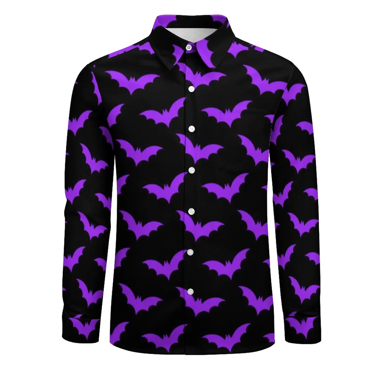 Purple Bats Print Shirt Autumn Black Halloween Casual Shirts Men Loose Blouses Long Sleeve Graphic Funny Clothing Plus Size