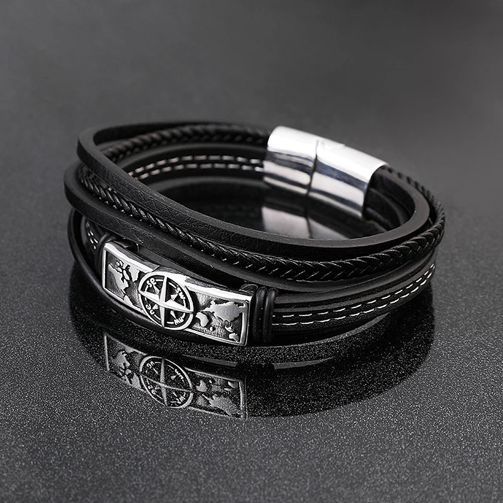 Vintage Viking Compass Stainless Steel Bracelet For Men Punk Charm MultiLayer Leather Bangles Fashion Jewelry Gifts Dropshipping