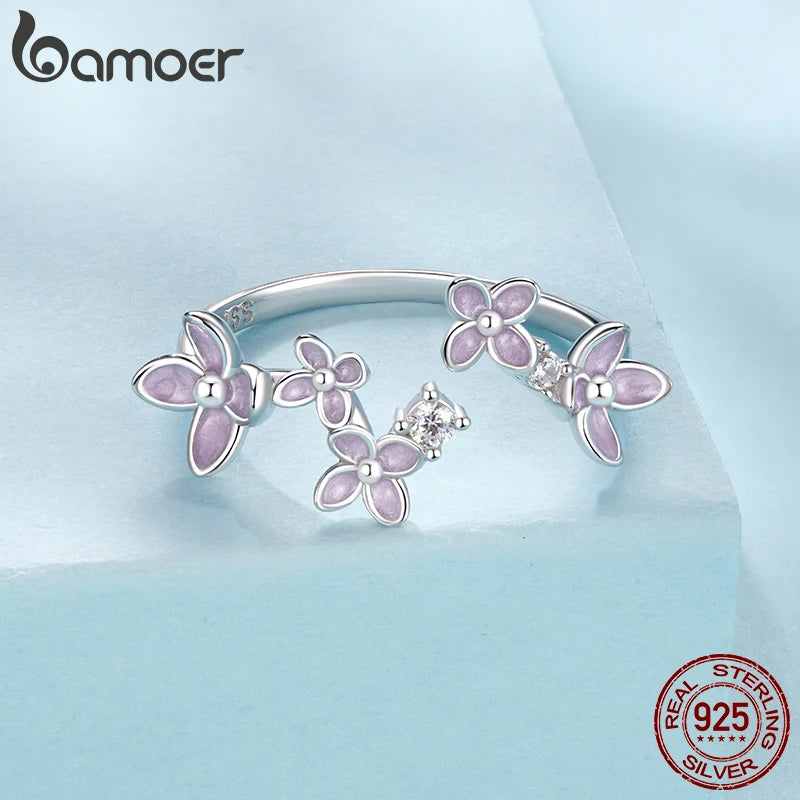 Bague ajustable en argent sterling 925 BAMOER avec fleur lilas, plaquée or blanc, bague de promesse de Noël avec fleur, bijoux délicats et élégants