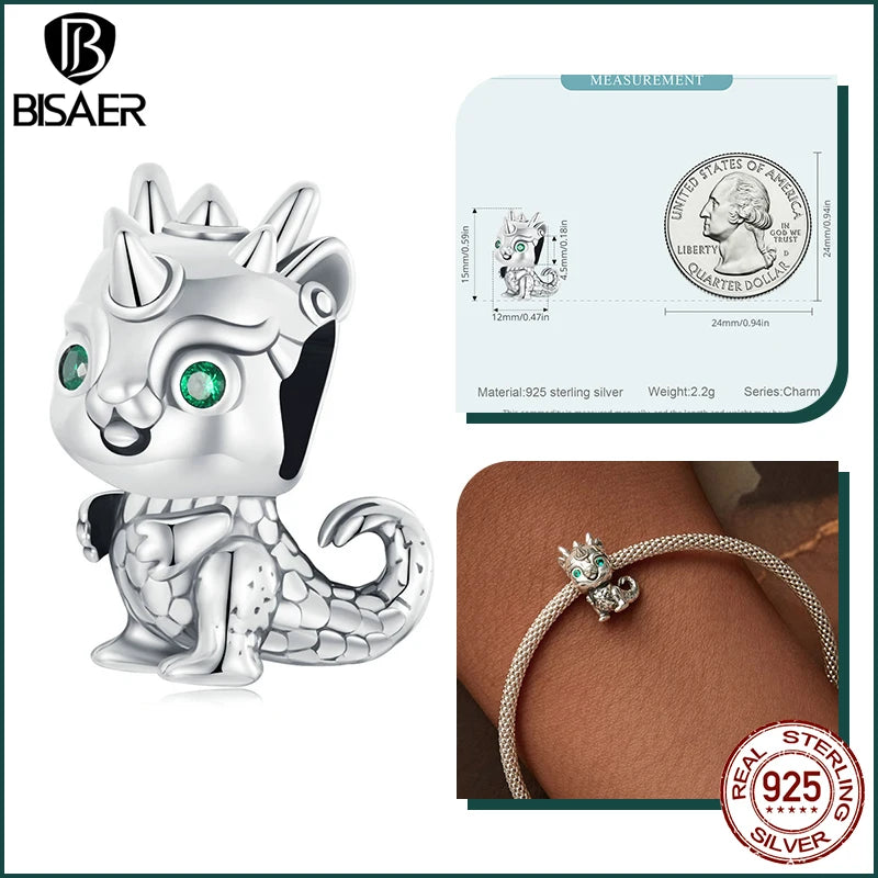 BISAER 925 Sterling Silber Little Dragon Charms Perlen Niedliche Eule Katze Hahn Anhänger für Frauen DIY Armbänder Halskette Schmuck Geschenk