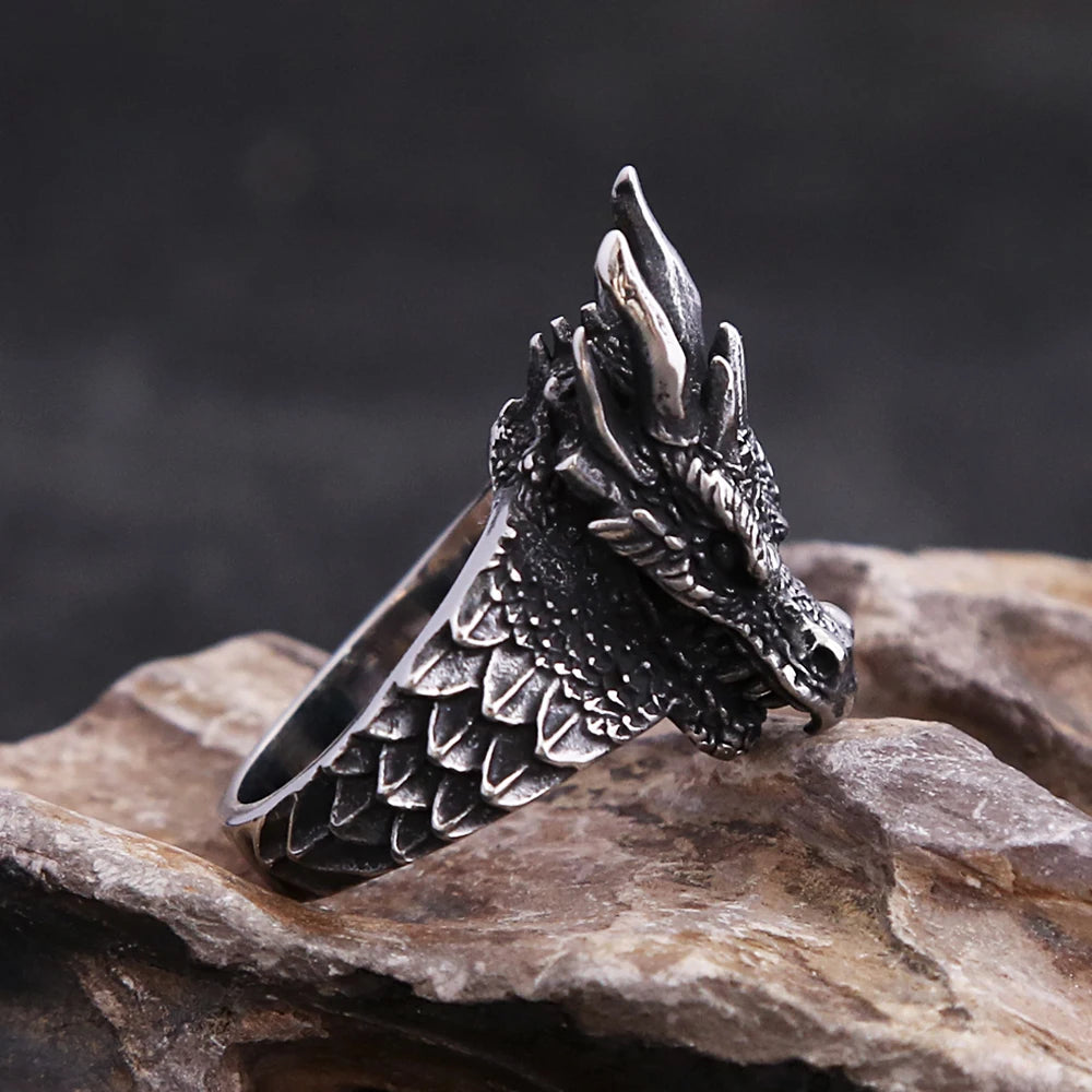 Fashion Vintage Stainless Steel Norse Viking Dragon Head Rings Punk Biker Dragon Scale Ring For Men Creative Amulet Jewelry Gift