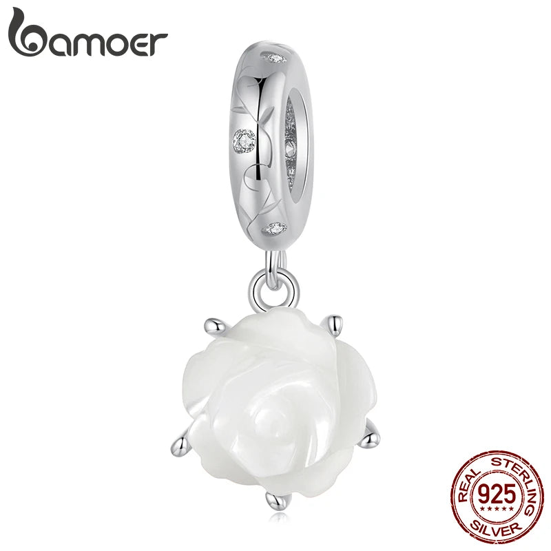 Pendentif en argent sterling 925 BAMOER en forme de rose blanche pour bracelet original, breloque en forme de fleur Bamoer pour la fabrication de bijoux, cadeau de Noël