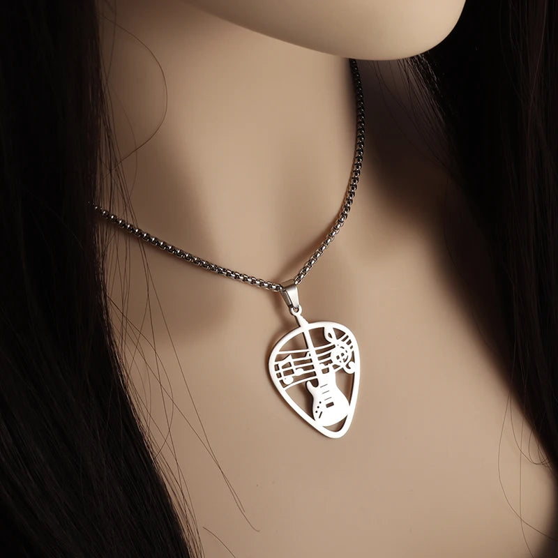 Collier en acier inoxydable avec pendentif en forme de médiator de guitare et de basse pour homme et femme, idéal pour les amateurs de musique, bijoux rock punk