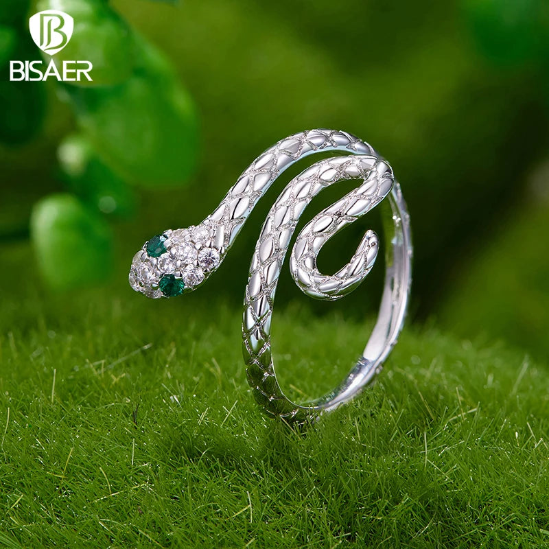 BISAER Bague ouverte en forme de serpent enroulé Taille réglable 5-9 Pour femme élégante Mariage Fiançailles Bijoux de mode Cadeau YIR246