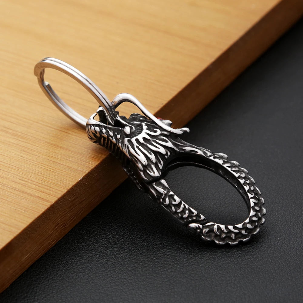 New Vintage Stainless Steel Animal Keychains For Men Women Fashion Punk Dragon Head Keychain Waist Belt Clip Jewelry Accessories