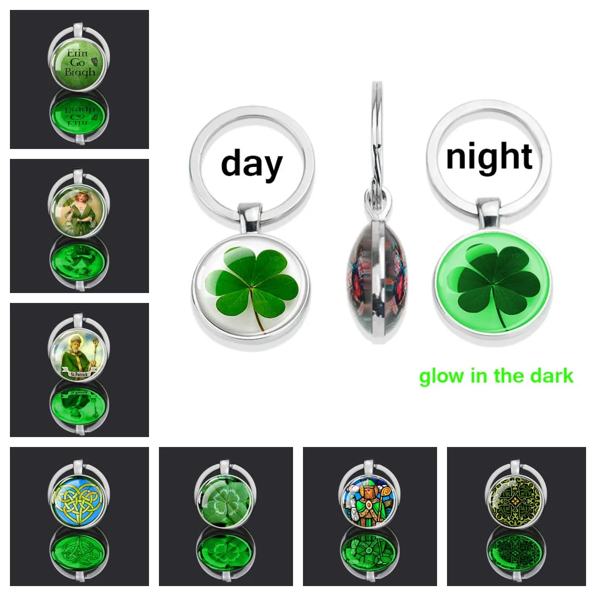 Porte-clés de la Saint-Patrick, cabochon en verre double face, porte-clés lumineux, trèfle, trèfle, Irlande, bijoux porte-bonheur, cadeau