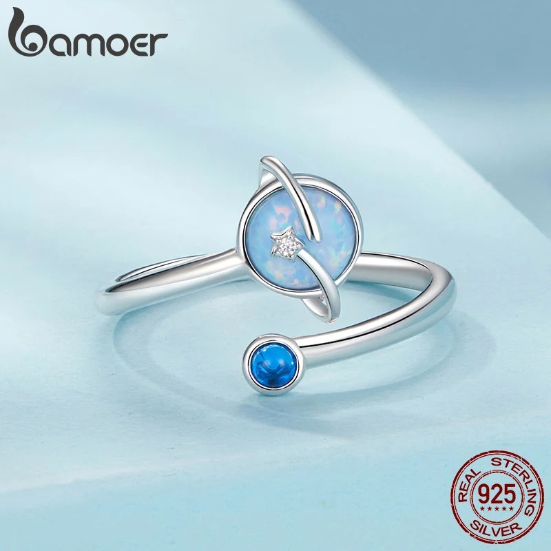 Bague ajustable BAMOER en argent sterling 925 avec planète opale, plaquée or blanc, bague de promesse de Noël, bijoux délicats et chics SCR1087-E