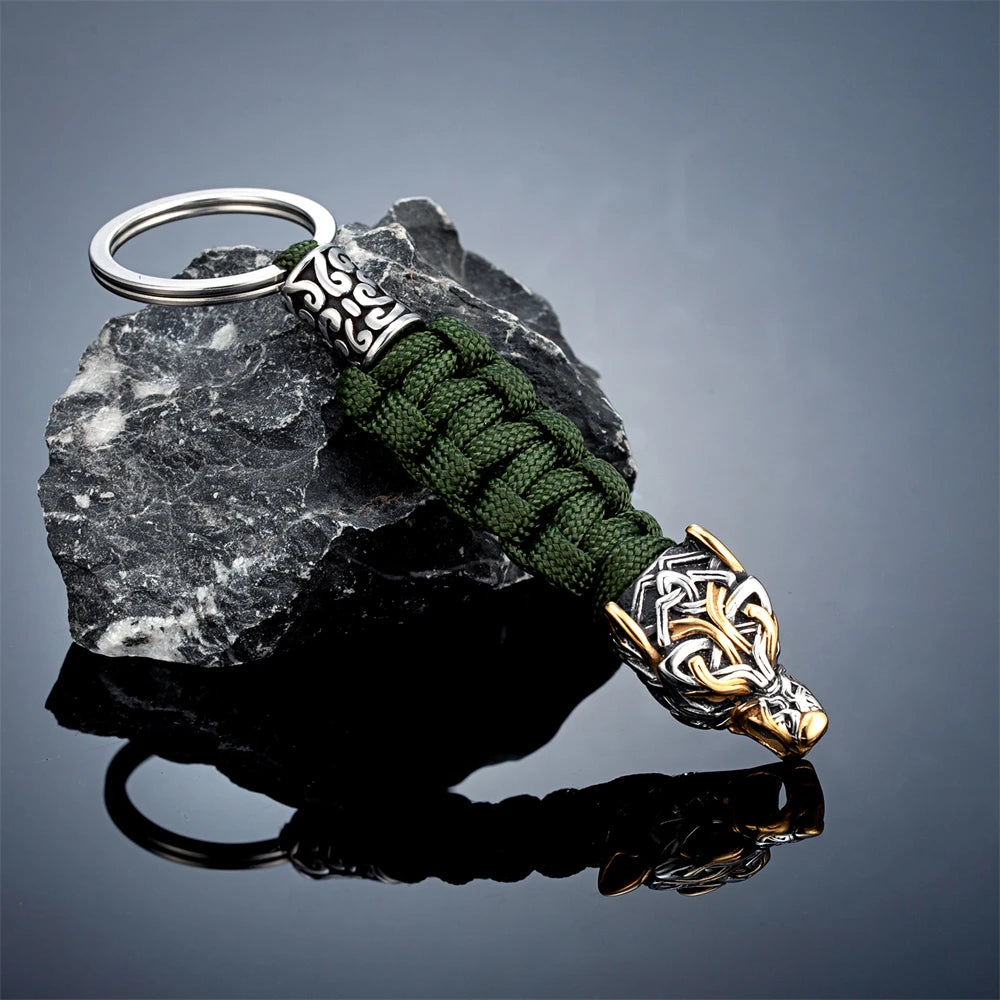 Punk Männer Wikinger Wolfskopf Survival Schlüsselanhänger Edelstahl Nordischer keltischer Wolf Outdoor Paracord Seil Schlüsselanhänger handgefertigter Schmuck