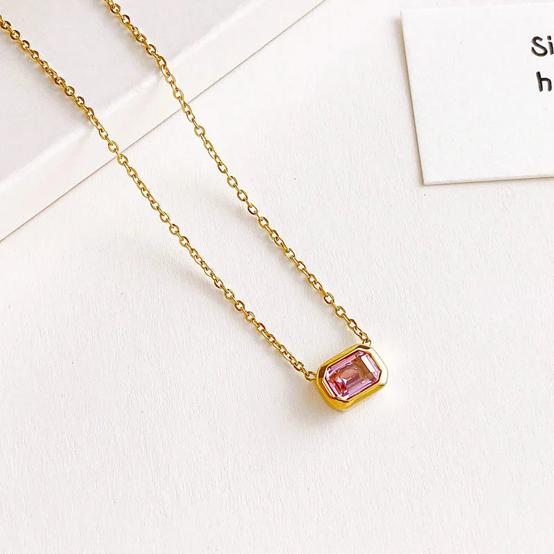 Exquisite PVD 16K Gold Plated Stainless Steel Yellow Pink Cubic Zirconia Square Pendant Necklaces for Women Waterproof Jewelry