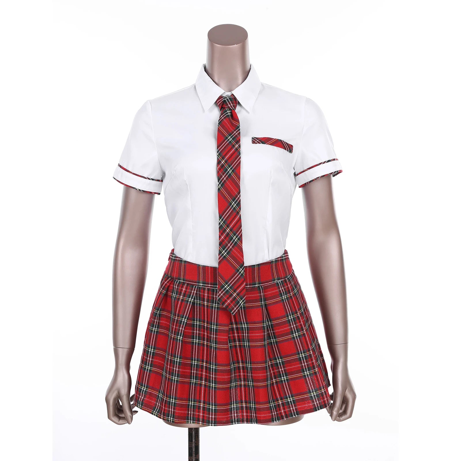 Women Girls Cosplay Costume School Uniform Short Sleeve Shirt with Plaid Skirt for Halloween Role Play Party Photography