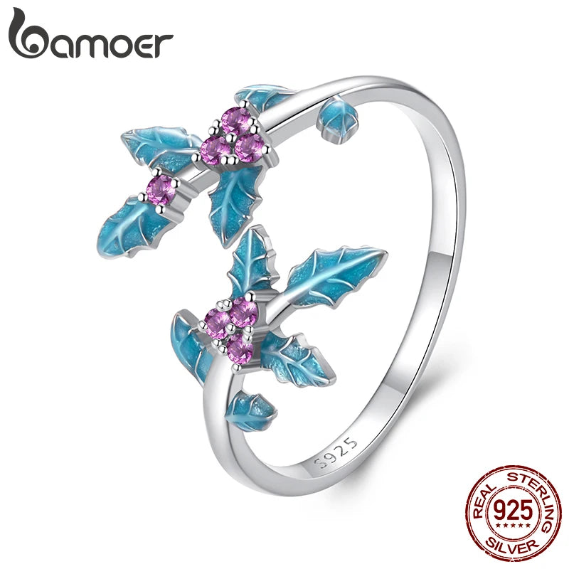 Bague ajustable en argent sterling 925 massif BAMOER avec motif de houx, bijoux rétro à motif floral, cadeau d'anniversaire de Noël pour femme BSR611-E