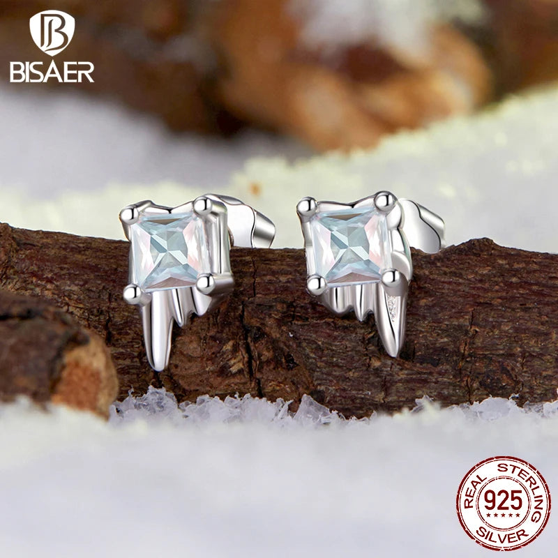 BISAER Real 925 Sterling Silver Ice Cube Cube Stud Earrings Sparkling Zircon Stud Ear For Women Party Original Fine Jewelry Gift