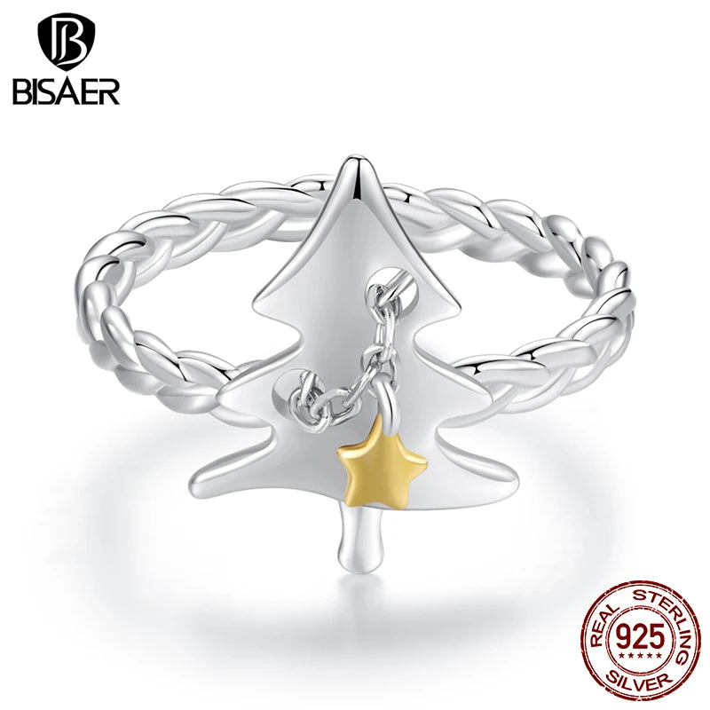 BISAER 925 Sterling Silver Christmas Tree Open Ring Two-color Adjustable Band Plated White Gold for Women Party Fine Jewelry