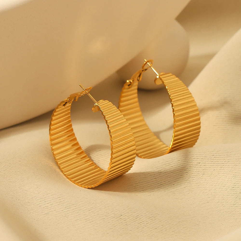 16K Gold Plated Stainless Steel Statement Metal Texture Geometric Hoop Earrings Smooth Big Oval Stud Earrings Waterproof Jewelry