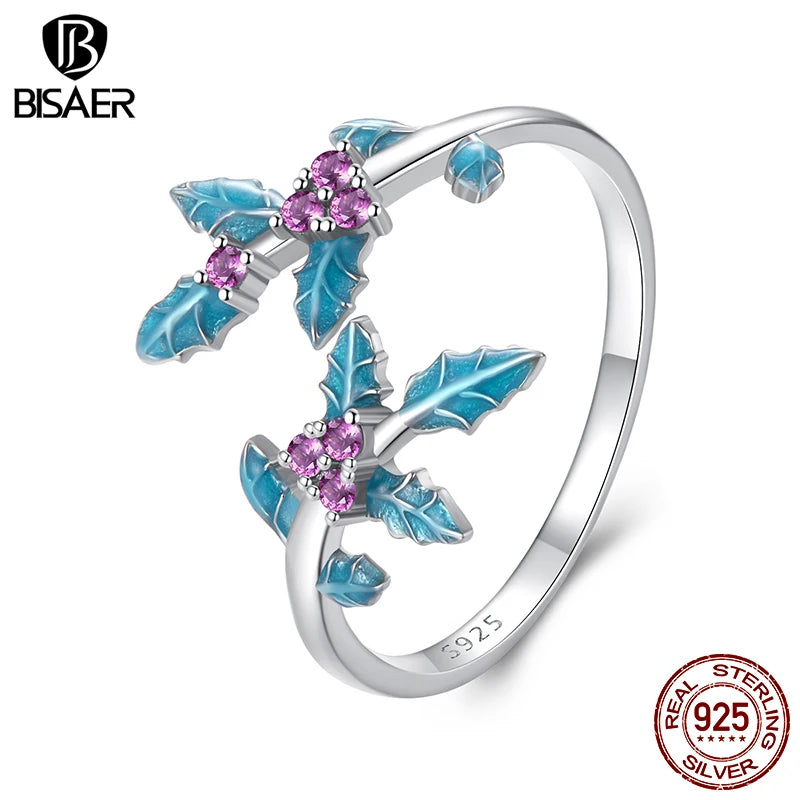 BISAER 925 Sterling Silver Exquisite Holly Open Ring Adjustable Size 5-9 Band Plated White Gold for Women Party Fine Jewelry