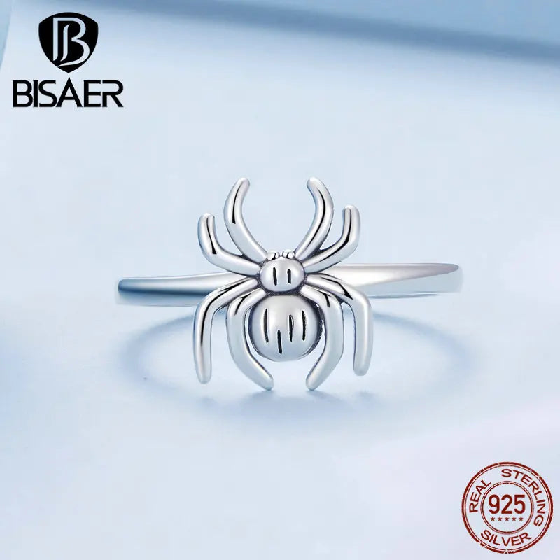 BISAER 100% 925 Sterling Silver Spider Jewelry Sets Animal Open Ring Eearrings For Women Party Halloween Gift Fine Jewelry