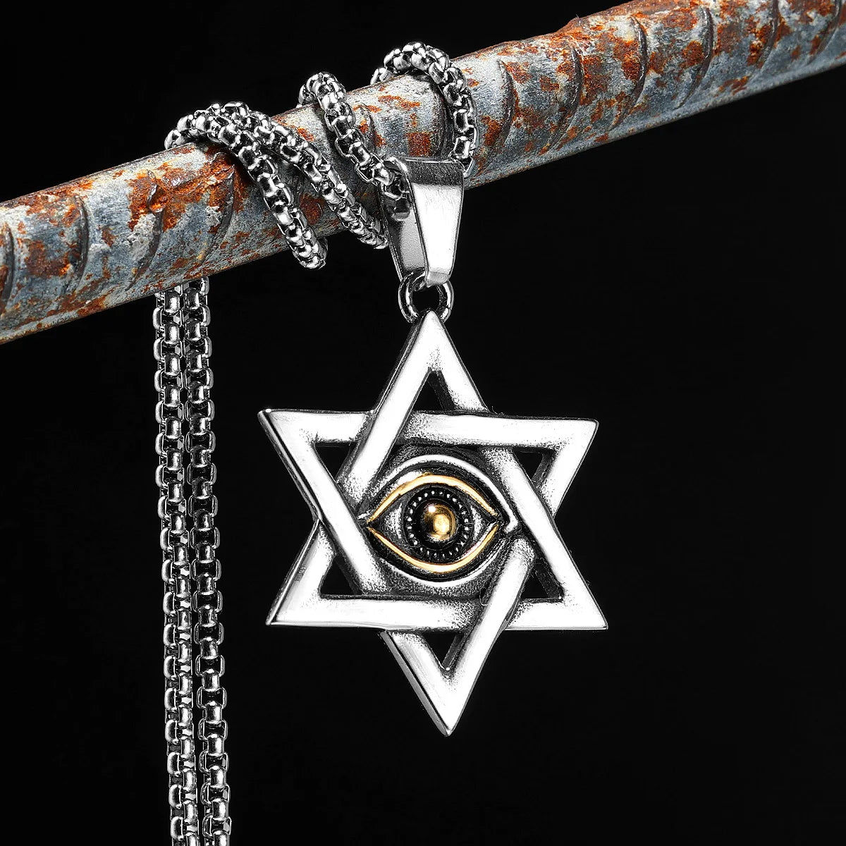 Eye of Light Pendant Six-pointed Star of David Necklace 316L Stainless Steel Men Chain Punk Rock for Male Jewelry Gift Wholesale