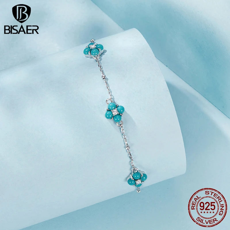 BISAER 925 Sterling Silver Turquoise Clover Bracelet Adjustable Charm Chain Plated White Gold for Women Party Fine Jewelry Gift