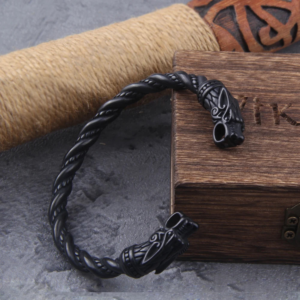 Bracelet en acier inoxydable noir avec dragon nordique viking pour homme avec boîte en bois viking