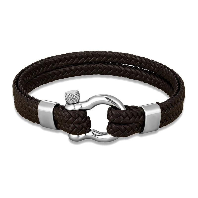 Men Multilayer Woven Leather Bracelet Fashion Stainless Steel Horseshoe Shackle Buckle with Screw Bracelet Jewelry for Women