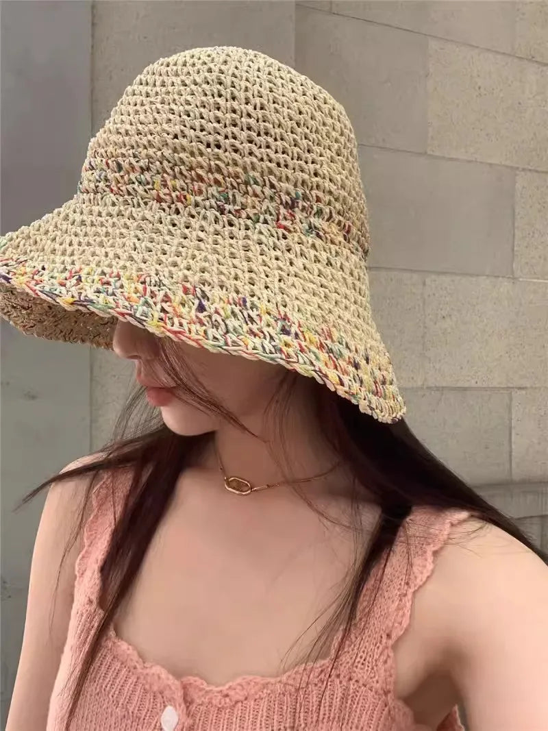 Chapeau de protection solaire pour femme tissé arc-en-ciel, chapeau de paille japonais d'été, mode de protection, chapeau de soleil de plage creux respirant