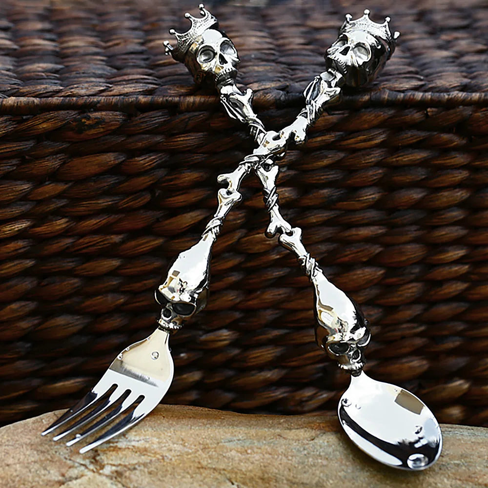 New Design 304L Stainless Steel Skull Crown Fork Spoon For Men Women Fashion Punk Personality Creative Tableware Party Jewelry