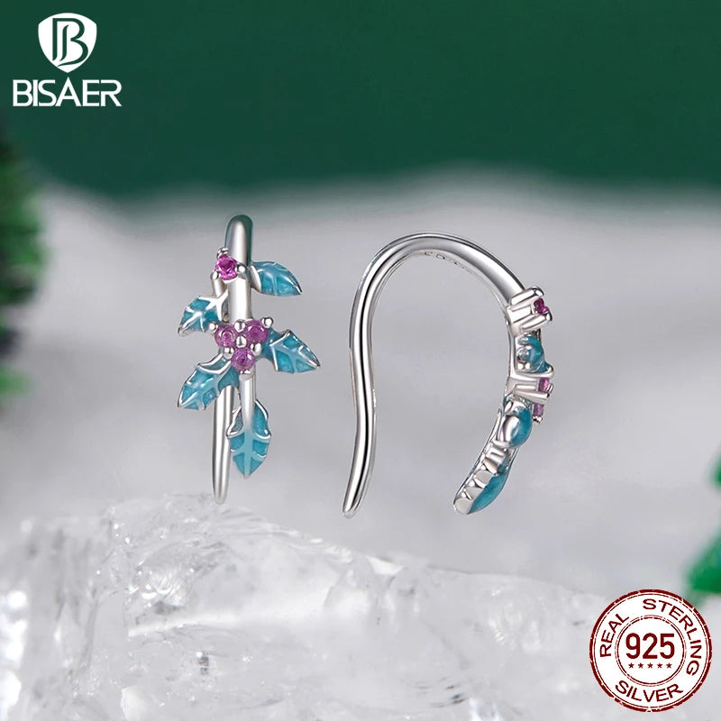 BISAER 925 Sterling Silver Exquisite Holly Stud Earrings Enamel Process Plated White Gold for Women Fine Jewelry Holiday Gift