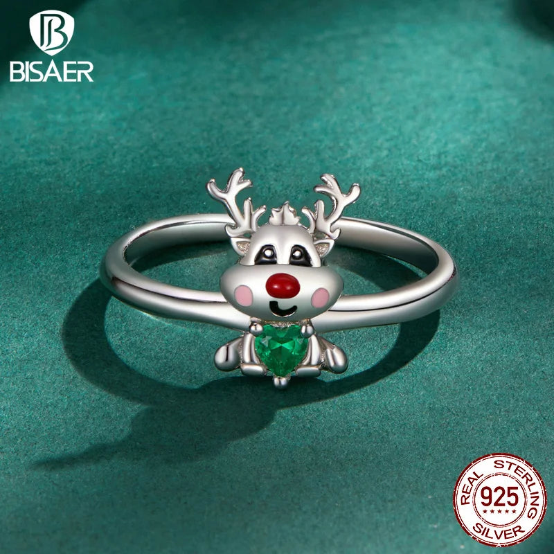 BISAER 925 Sterling Silver Christmas Reindeer Open Ring Size 5-9 Eternity Band Plated Platinum for Women Party Fine Jewelry Gift