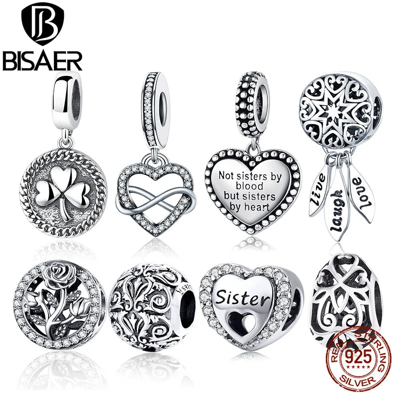 BISAER 100% 925 Sterling Silver Vintage Heart Charm Bead Four Leaf Clover Pendant Fit Women DIY Necklace Bracelet Fine Jewelry