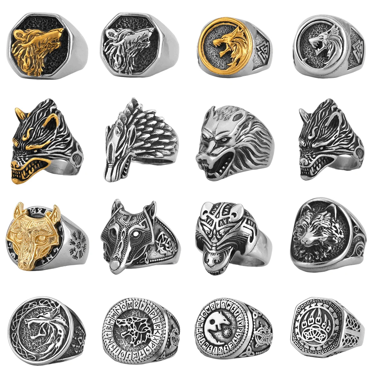 Vintage Animal Wolf Head Amulet Viking Ring Men Stainless Steel Teen Nordic Fashion Multi Style Ring Charm Jewelry Gift Unisex