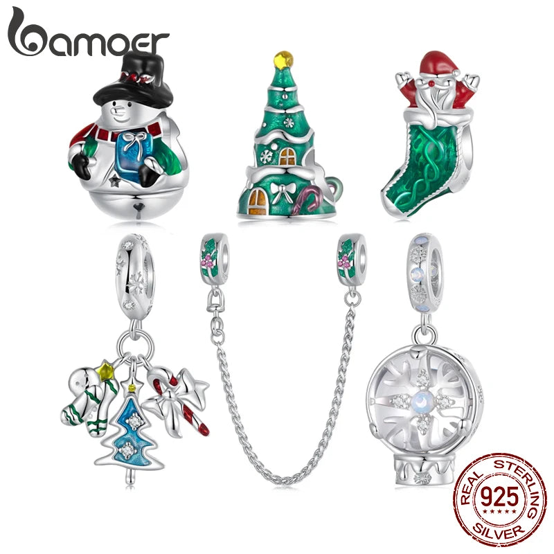 BAMOER S925 Argent Noël Flocon De Neige Bonhomme De Neige Breloque Perles Fit Bracelet Original DIY Bamoer Breloque pour la Fabrication De Bijoux Cadeau De Noël