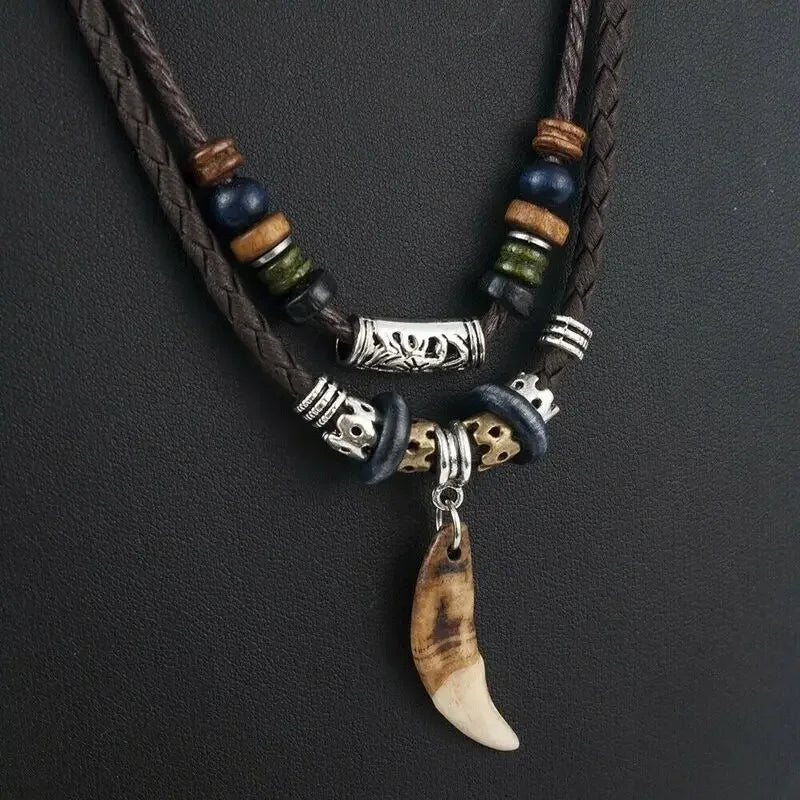 Goth Multi-layer Vintage Wolf Tooth Pendant Leather Necklace