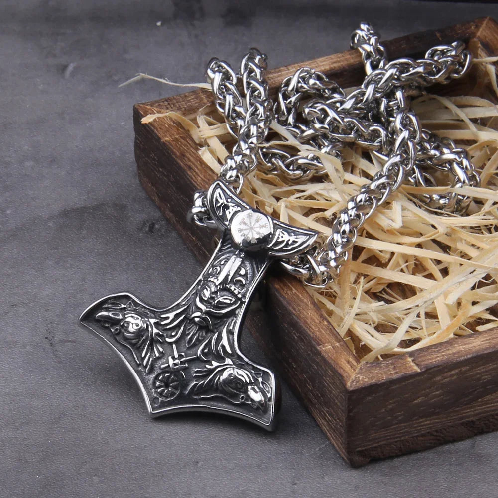 Fashion Valknut Viking Thor's Hammer Pendant Necklace With keel Chain As Men Gift with wooden box