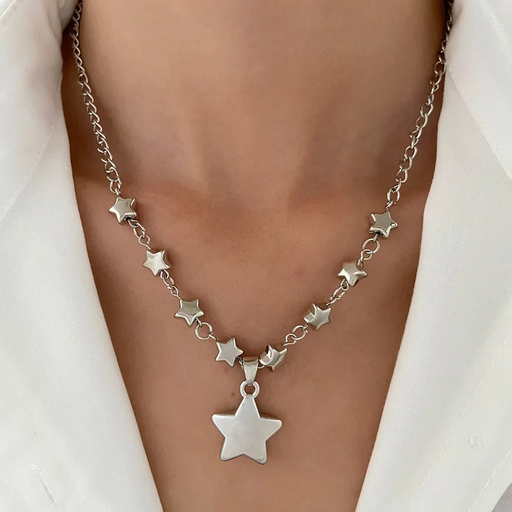 Y2K Star Zircon Pendant Necklace for Women Luxury Sweet Cool Girl Punk Heart Clavicle Chain New Fashion Jewelry Party Gift