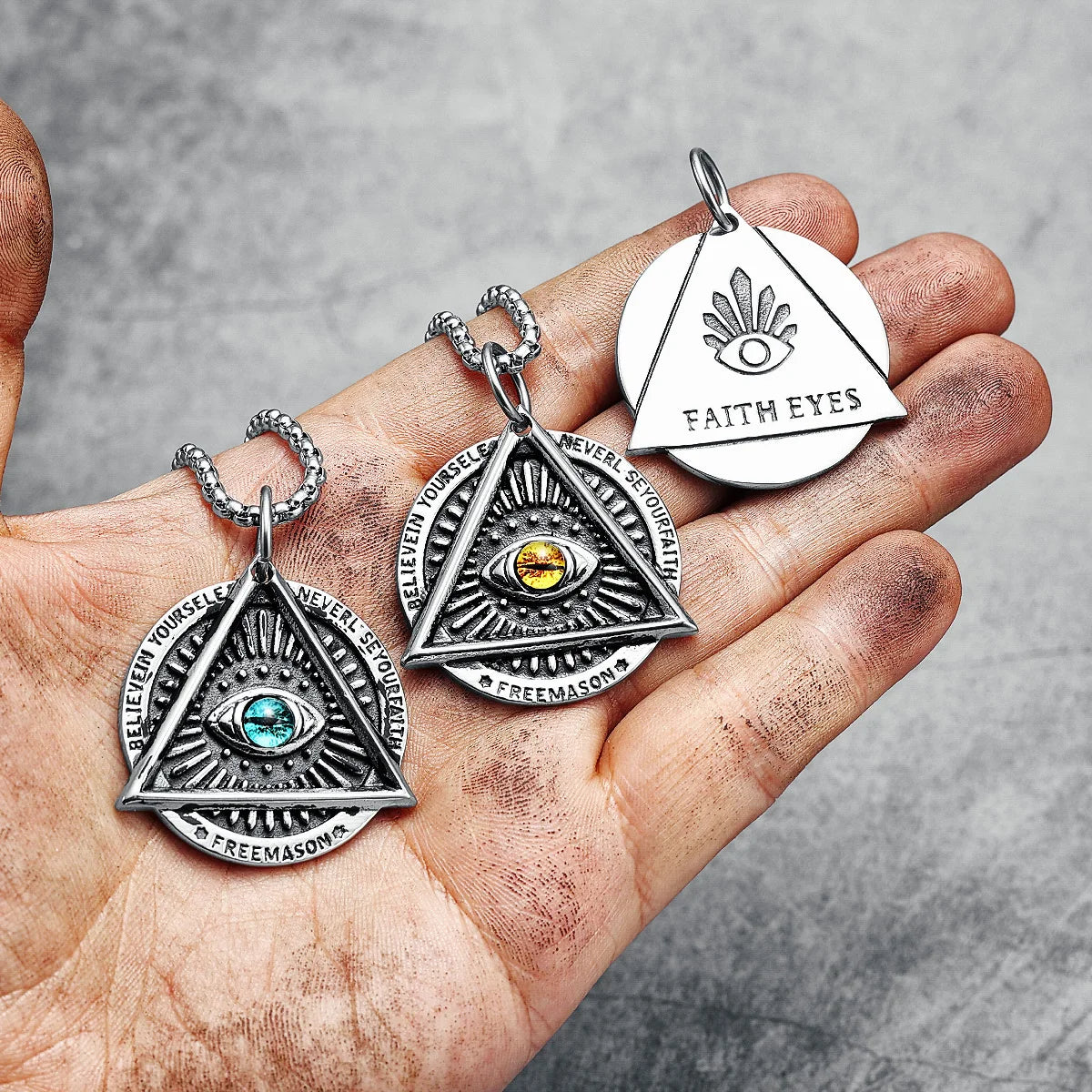 Faith Eye Necklaces Triangle Men 316L Stainless Steel Pendants Freemason Gem Chain Rock Punk Hip Hop for Rider Male Jewelry Gift