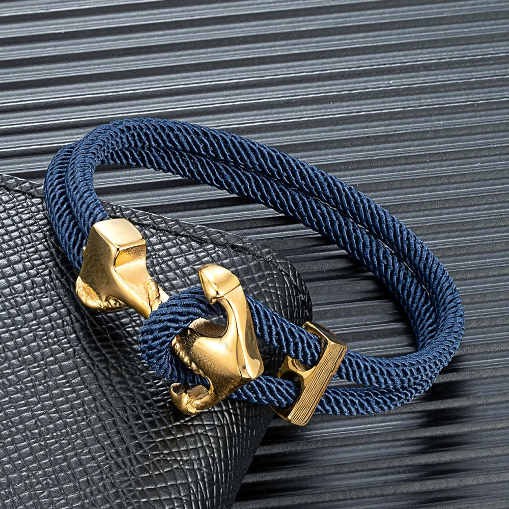 MKENDN Anchor Bracelets Men Women Double strand Nautical Surfer Waterproof Rope Bracelet Women Gold Plated Stainless Steel Hook