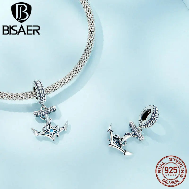 BISAER 100% 925 Sterling Silver Flower Anchor Charm Bead Blue Heart Pendant For Women DIY Bracelet Fine Jewelry Gift