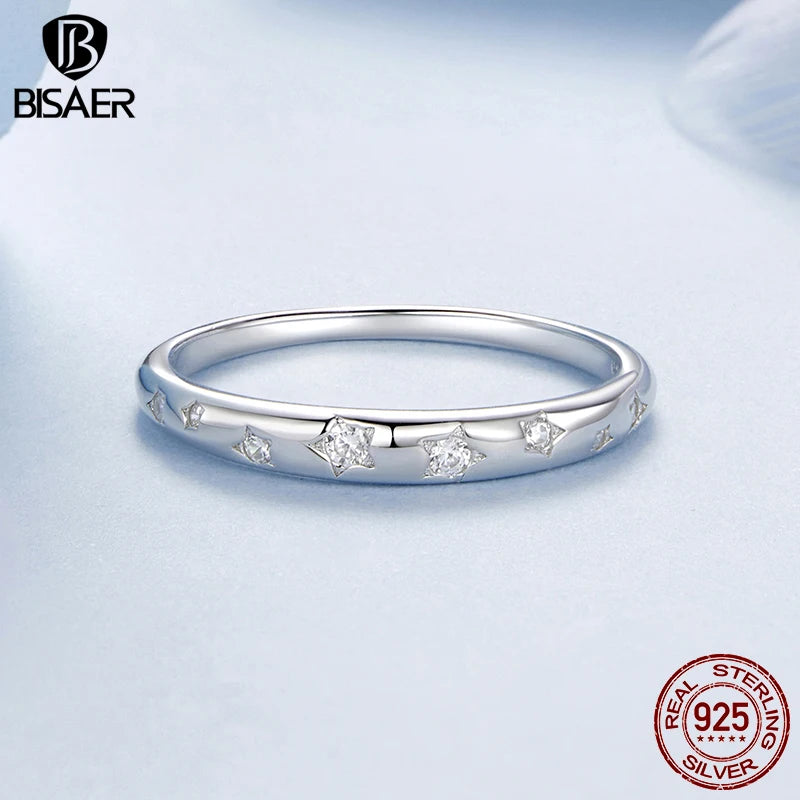 BISAER 925 Sterling Silver Star Ring Pave Setting Zircon Band Plated White Gold for Women Party Weeding Fine Jewelry Gift EFR612