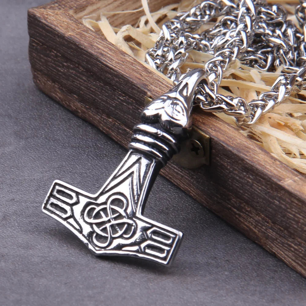 Fashion Valknut Viking Thor's Hammer Pendant Necklace With keel Chain As Men Gift with wooden box