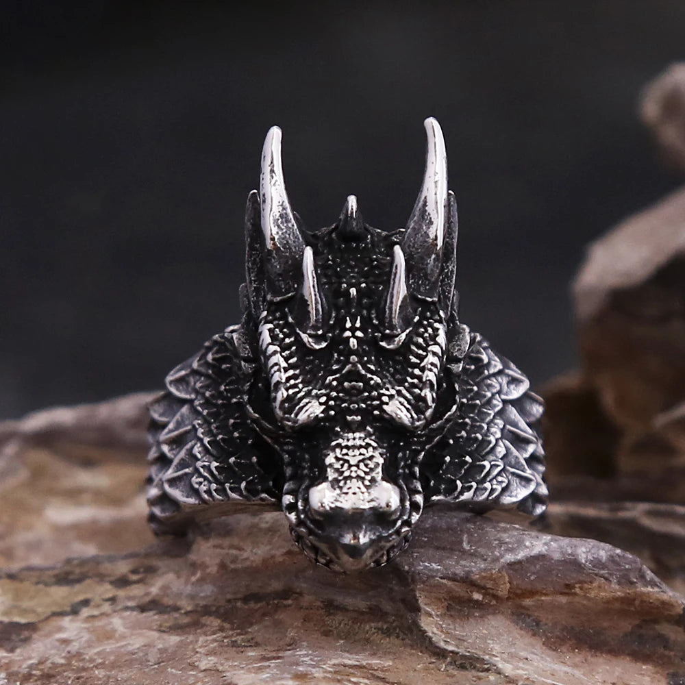 Fashion Vintage Stainless Steel Norse Viking Dragon Head Rings Punk Biker Dragon Scale Ring For Men Creative Amulet Jewelry Gift