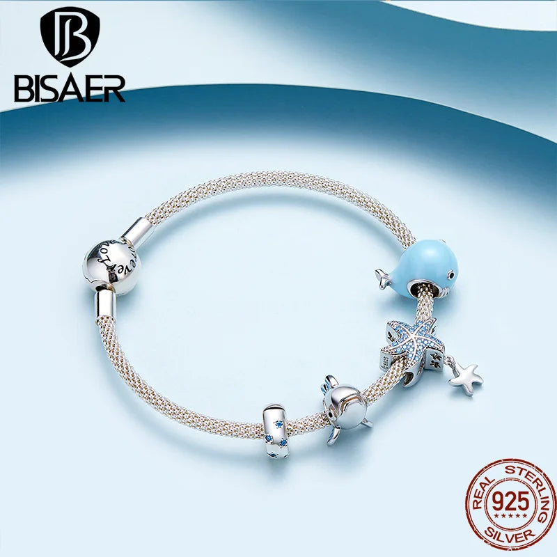 BISAER Colgante de plata de ley 925 con forma de estrella, cola de sirena, estrella de mar, corazón, abalorios de peces tropicales, apto para pulsera de mujer, joyería fina