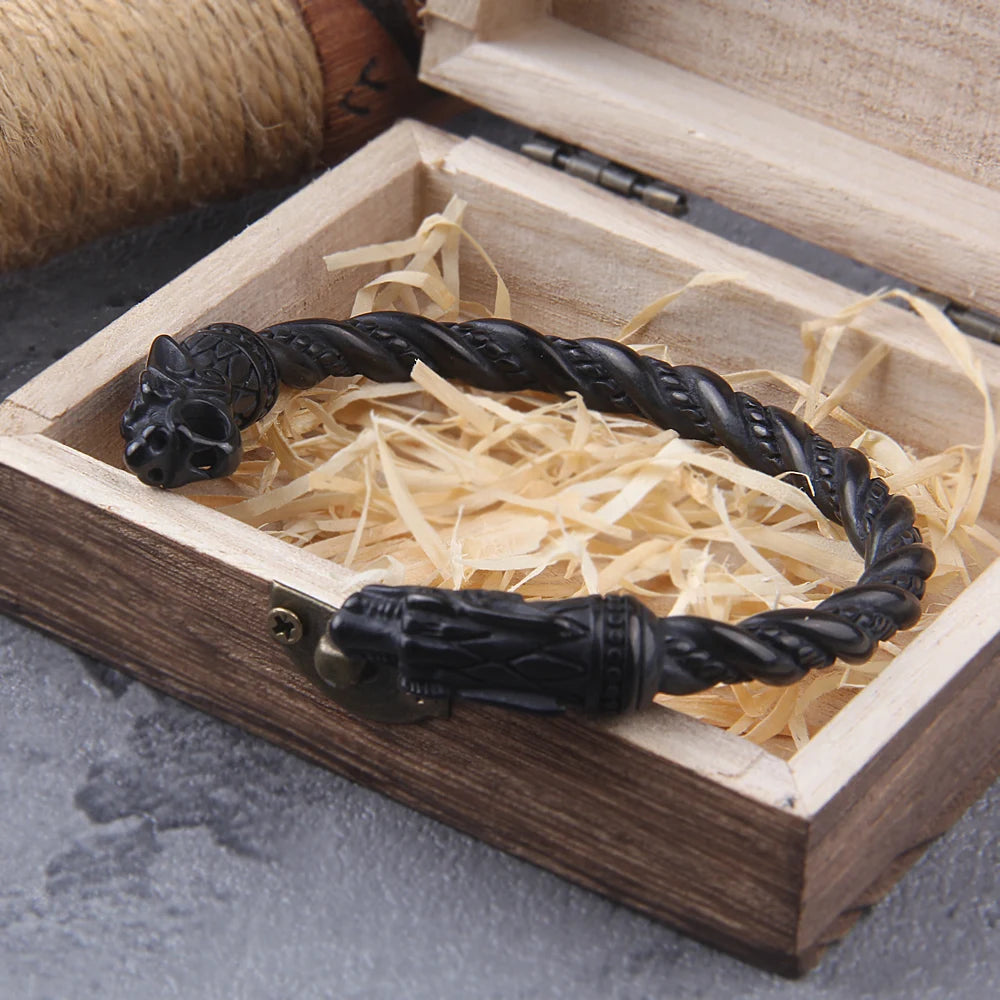 Bracelet en acier inoxydable noir avec dragon nordique viking pour homme avec boîte en bois viking