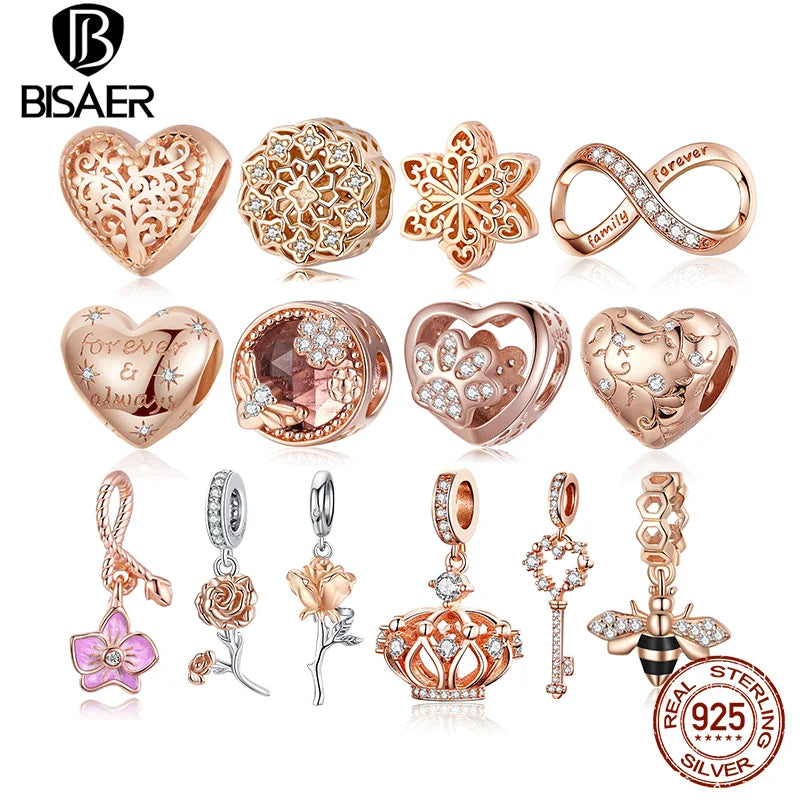 BISAER 925 Sterling Silver Rose Gold Charm Bead Heart Flower Pendant For Girl Bracelet DIY Mother's Day Birthday Fine Jewelry