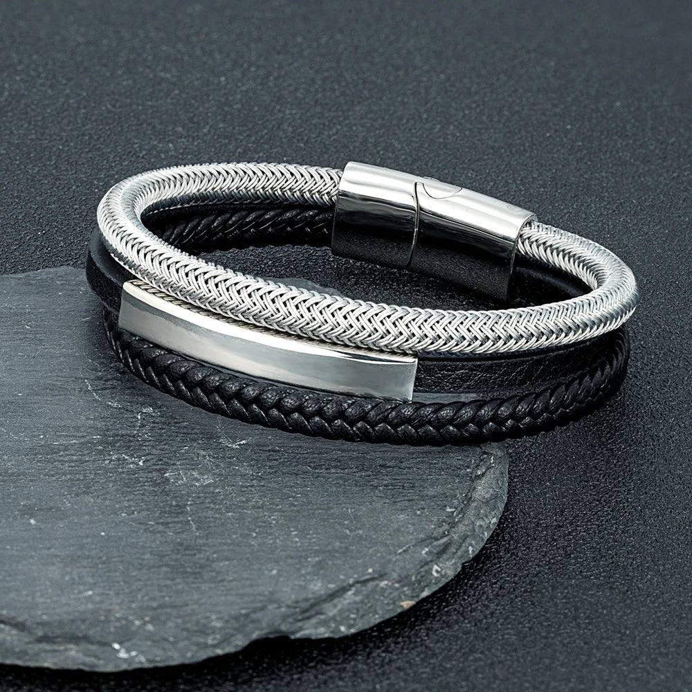 MKENDN Luxury Classic Men Braided Leather Jewelry No Fade Steel Wire Waterproof Rope Bracelet Punk Bracelet for Men Women Gifts