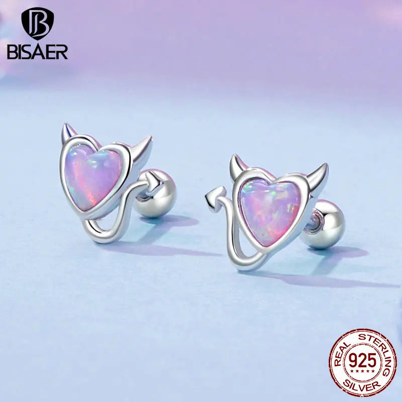 BISAER 925 Sterling Silver Opal Devil Stud Earrings Bowknot Stud Ear Plated White Gold  For Woman Girl Party Fine Jewelry Gift