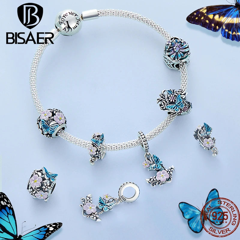 BISAER 925 Sterling Silver Butterfly&Flower Charm Bead Purple Animal Pendant Plated Platinum Fit Elegant Girl Bracelet Jewelry