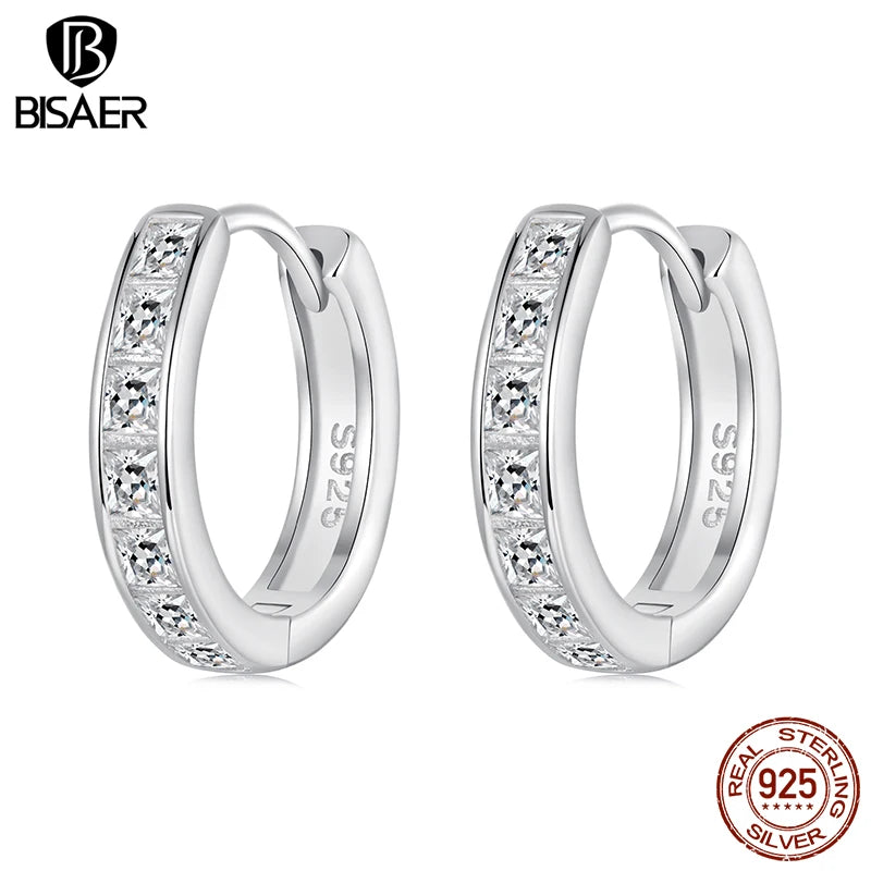 BISAER Real 925 Sterling Silver Square Sparkling Hoop Earring  Round Circle Cubic Zirconia Stud Ear For Woman Party Fine Jewelry