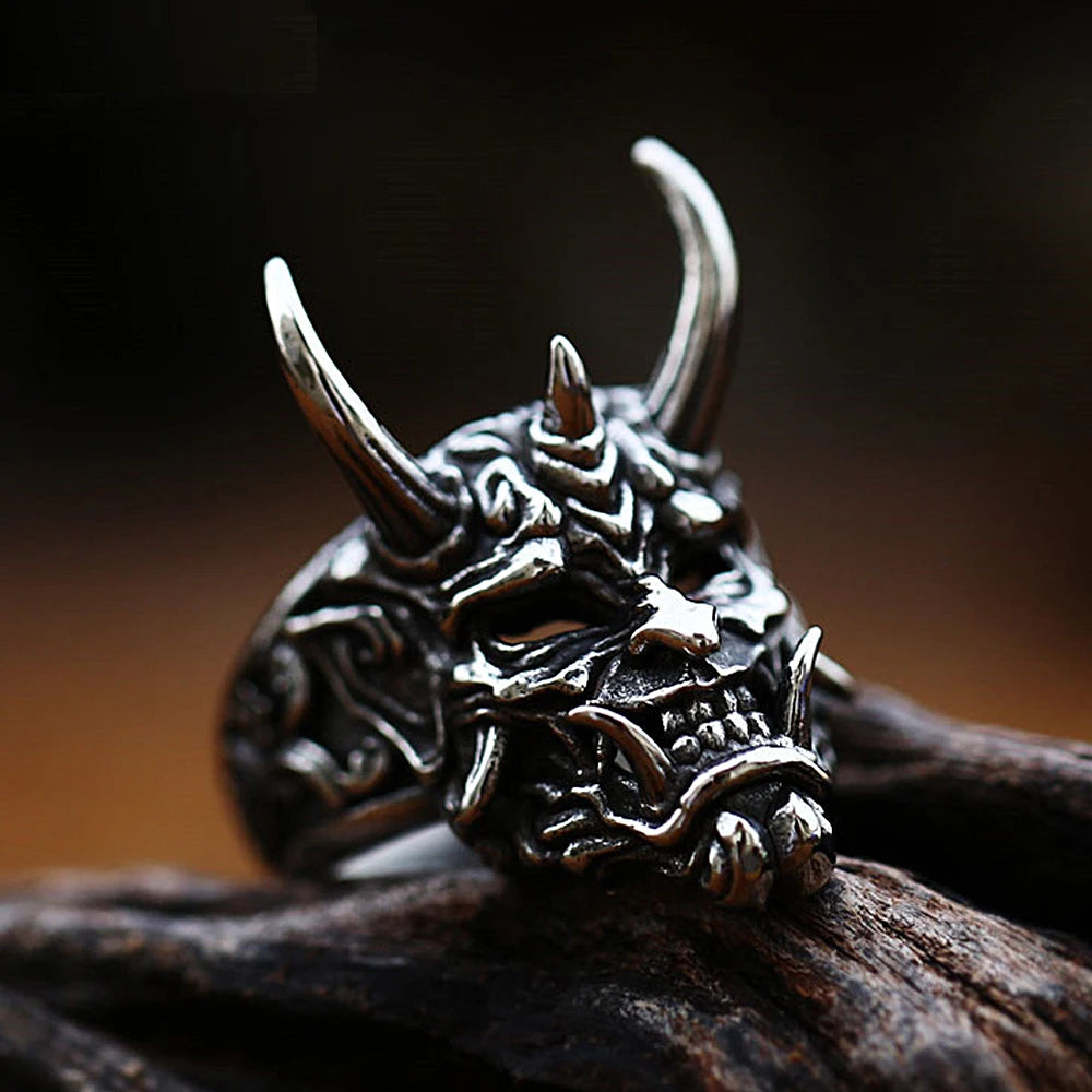 Vintage Prajna Mask Ring Men's Domineering Stainless Steel Ring Unique Gothic Locomotive Jewelry Halloween Gifts Dropshipping