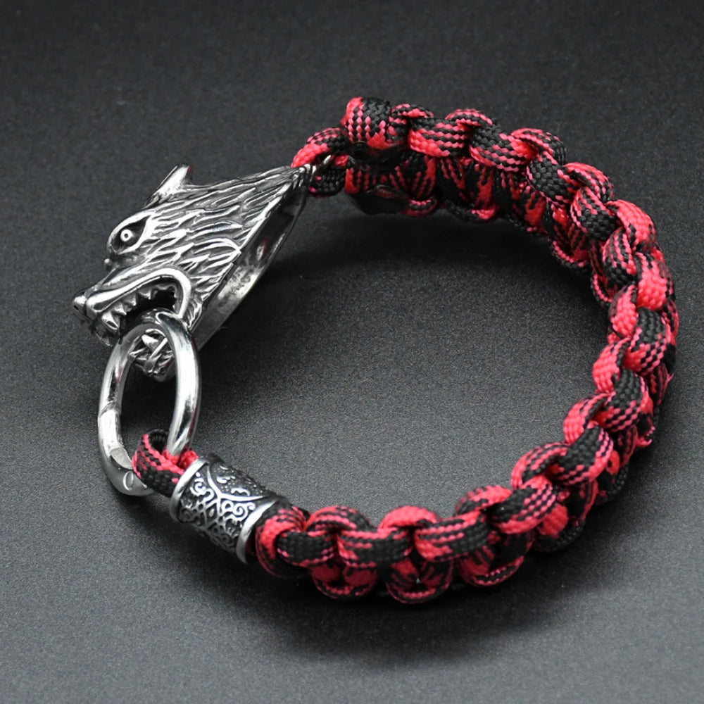 Norse Runs Beads Bracelets Men Viking Stainless Steel Odin's Wolf Paracord Rope Bangles Handmade Outdoor Jewelry